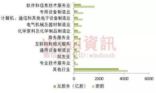 從投資型二級(jí)行業(yè)分類看，掛牌公司數(shù)量前三位分別是：軟件與服務(wù)2027家；資本品2004家；原材料1272家。其他行業(yè)中，商業(yè)和專業(yè)服務(wù)亦達(dá)到1007家掛牌公司。值得一提的是，雖然軟件與服務(wù)類公司掛牌數(shù)量超過(guò)了資本品類，但從總股本規(guī)?？矗Y本品類公司仍領(lǐng)先一籌。