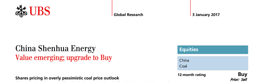 智通财经获悉，瑞银发表研报表示，中国神华股价(01088)自2016年11月初以来已下跌约15%。该行认为是由现货和期货煤价大幅下跌引发的，价格下跌证实了瑞银此前看跌的预期。但该行将公司评级由“卖出”升至“买入”，目标价由16.50港元上调至16.90港元。
