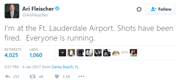 美東時(shí)間12點(diǎn)57分（北京時(shí)間凌晨1點(diǎn)57）前白宮新聞秘書Ari Fleischer在個(gè)人推特上稱，他正身處上述機(jī)場，聽到槍聲，所有人都在跑。