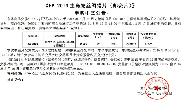 东北商品交易中心《HP2013生肖蛇丝绸错片(邮资片)》申购中签公告