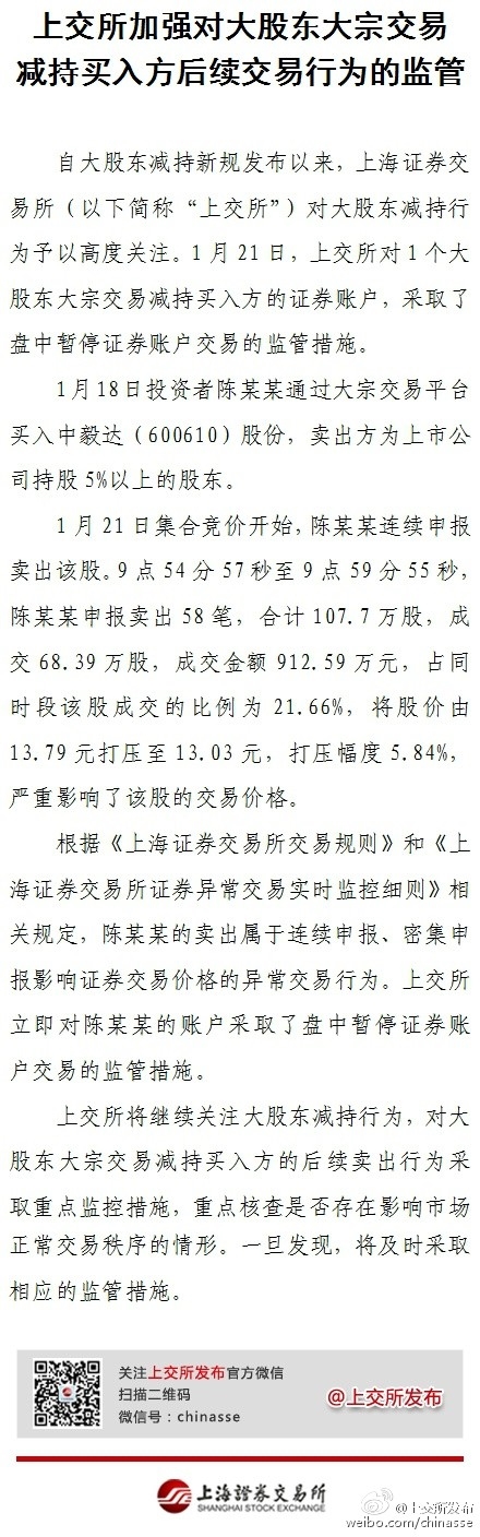 上交所加强对大股东大宗交易减持买入方后续交易行为的监管