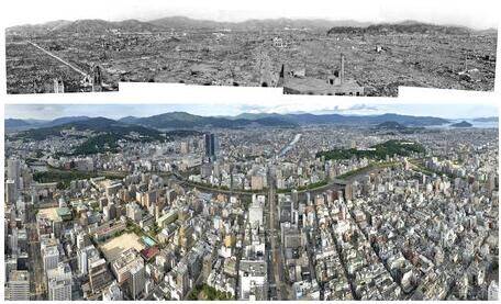 原文配图：广岛核爆后和现在的对比图。