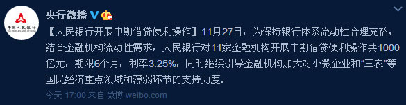 人民银行开展中期借贷便利操作 放水1000亿元