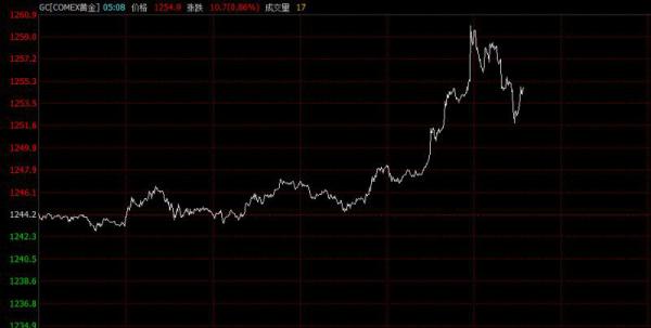 纽约黄金期货价格迅速攀高，一度突破1260大关，升至1260.9美元/盎司。截至发稿时间，纽约期金报价1254.9美元/盎司，涨幅为0.86%。