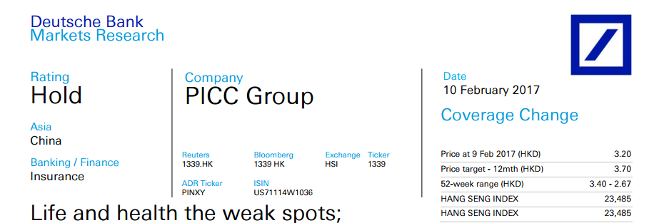智通财经获悉，德银发表研报表示，维持对中国人民保险集团(01339)中性的观点。该行更看好其子公司，中国财险(买入，目标价14.7港元)，认为中国人保集团的人寿保险及健康保险业务持续面临挑战，预期在短期内难扭转。因此，德银重申覆盖中国人保集团及评级“持有”，目标价3.7港元。