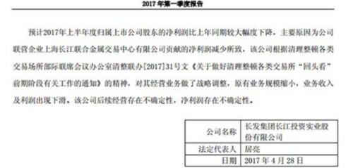 长江投资一季度报称长江金属后续经营存在不确定性  