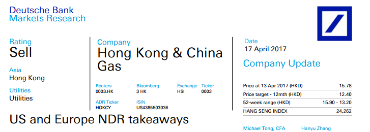 集團管理層預計，隨著油價上漲、新能源項目貢獻增加，新能源發(fā)展復蘇，此外，2017年收費標準可能上調，香港核心業(yè)務也將趨穩(wěn)。但德銀稱，與其比較，該行更看好港華燃氣(01083)，予“持有”評級。