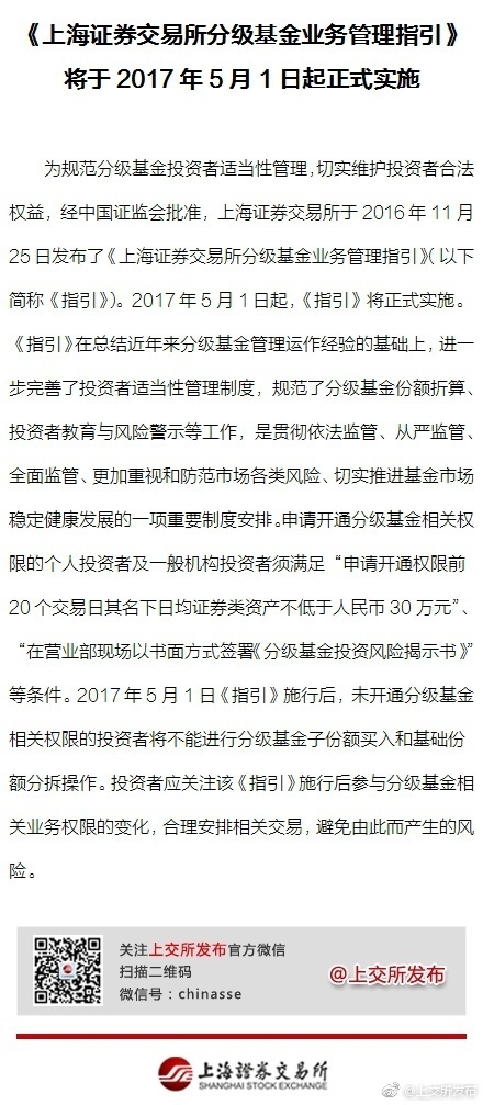 上交所分级基金业务管理指引将于5月1日起正式实施