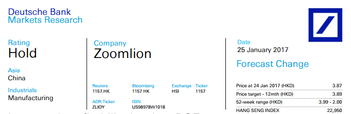 智通財經(jīng)獲悉，德銀發(fā)表研報表示，雖然預計中聯(lián)重科(01157)盈利能力有所改善，但其凈資產(chǎn)回報率可能仍然相對較低，只有1%。德銀仍維持“持有”評級，目標價上調(diào)3.89港元。