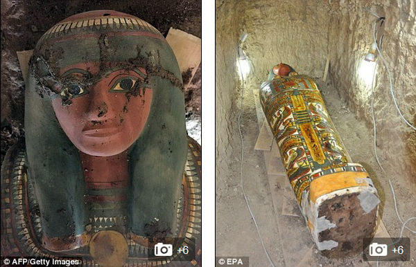 原文配图：木乃伊保存完好，身上裹着亚麻布，盛放在色彩鲜艳、装饰华丽的石棺内。