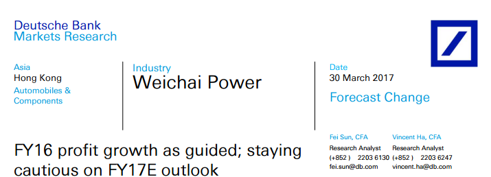 智通财经获悉，德银发表研报表示，潍柴动力(02338)FY16利润增长符合公司指引，但该行对FY17前景持谨慎态度。该行维持潍柴“卖出”评级，目标价由9.8港元升至11.2港元。