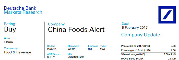 智通财经获悉，德银发表研报表示，中国食品(00506)近日发布公告，预计2016年度净利4.5亿至5.2亿港元，德银称，去年净利润预估低于市场预期，因出售休闲食品业务部门的利得较低。德银原预期年度净利6.83亿元，市场普遍预期6.9亿元。该行维持其“买入”评级，目标价4.3港元。