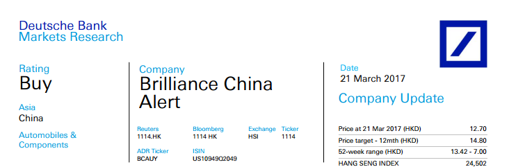 智通財(cái)經(jīng)獲悉，德銀發(fā)表研報(bào)表示，早前寶馬公布了其16年度業(yè)績(jī)，披露其與華晨中國(01114)合資公司的2016年第四季度盈利貢獻(xiàn)同比下降11.1%至8800萬歐元。16年全年凈利潤同比下降1.9%，至11億歐元，收入下降1.7%至130億歐元。但德銀維持“買入”評(píng)級(jí)，目標(biāo)價(jià)14.8港元。