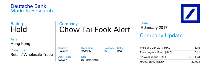 智通財(cái)經(jīng)獲悉，德銀發(fā)表研報(bào)表示，周大福(01929)宣布其2017財(cái)年第三季業(yè)績(jī)，其中內(nèi)地零售銷售增長(zhǎng)7%，而香港下降6%，表明由于穩(wěn)定基本面和相對(duì)較低基數(shù)，業(yè)績(jī)正逐步改善。德銀認(rèn)為，該季度和假期的整體零售銷售情況基本符合公司的預(yù)期。該行予周大福