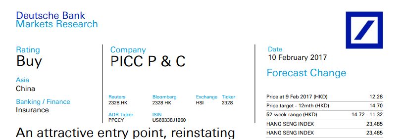智通財(cái)經(jīng)獲悉，德銀發(fā)表研報(bào)表示，中國(guó)財(cái)險(xiǎn)(02328)股價(jià)在過(guò)去六個(gè)月中表現(xiàn)遜于市場(chǎng)預(yù)期10%并接近歷史低估值，1.3倍2017年P(guān)/B及8.1倍P/E。該行認(rèn)為其對(duì)華夏銀行(HXB)收購(gòu)的擔(dān)憂(yōu)及2016年承保利潤(rùn)疲軟已經(jīng)反映于股價(jià)。德銀表示，中國(guó)財(cái)險(xiǎn)為中國(guó)財(cái)產(chǎn)保險(xiǎn)行業(yè)市場(chǎng)領(lǐng)導(dǎo)者，公司盈利屬吸引，故重申中國(guó)財(cái)險(xiǎn)評(píng)級(jí)“買(mǎi)入”，目標(biāo)價(jià)為14.7港元。