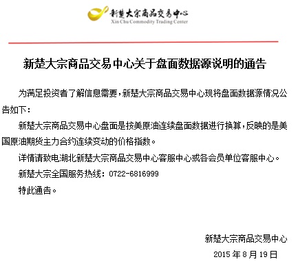 新楚大宗商品交易中心关于盘面数据源说明的通告