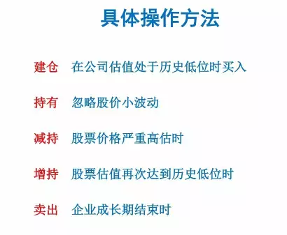 首先建仓，在这个公司的估值处于历史低位的时候建仓。持有的过程中忽略股价的小波动。当这个股票价格在某个阶段严重高估的时候要减持。但是也会有公司的估值又回到历史的低位的时候，这个时候可以增持。然后就是在这个公司成长期结束的时候才会把股票完全的卖出。这个是一个具体操作方法。