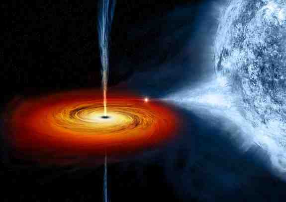 图为一个名叫Cygnus X-1的黑洞正在吞噬一颗蓝色的恒星。