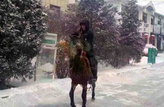 内蒙古突降暴雪 快递员骑马送包裹