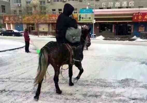 内蒙古突降暴雪 快递员骑马送包裹