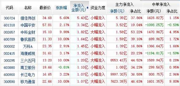資金凈流入前10