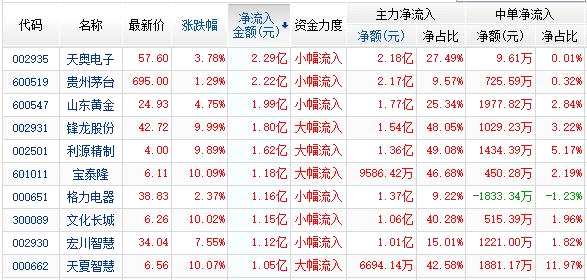 資金凈流入前10