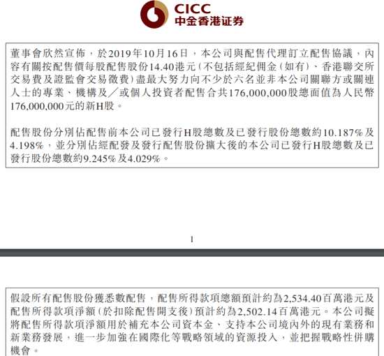 配售股份分別占配售前本公司已發(fā)行H股總數(shù)及已發(fā)行股份總數(shù)約10.187%及4.198%，并分別占經(jīng)配發(fā)及發(fā)行配售股份擴大后的本公司已發(fā)行H股總數(shù)及已發(fā)行股份總數(shù)約9.245%及4.029%。