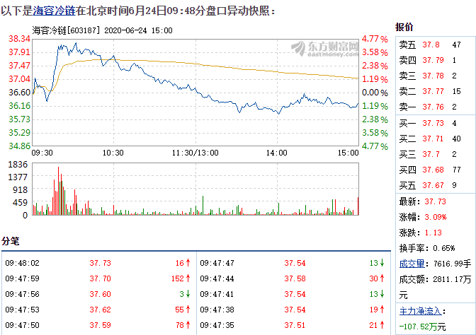 海容冷链6月24日快速上涨