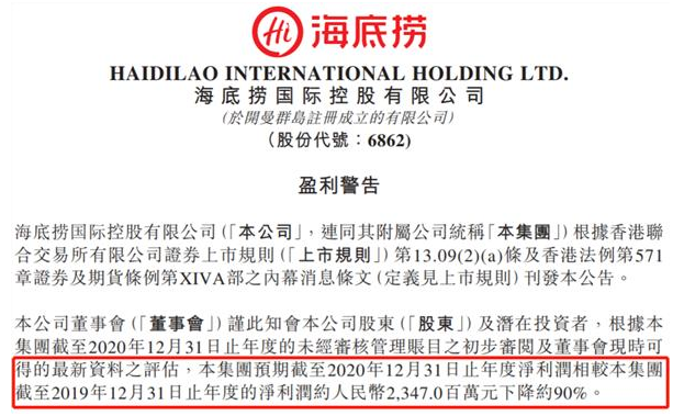 海底撈2020年凈利潤下降九成 海底撈2020年凈利潤下降九成