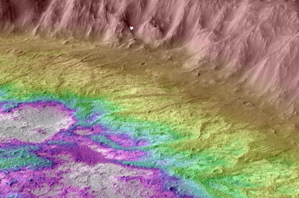 火星上凸起的山脊（深黄色）和蓄水的低洼地区（白色）.png