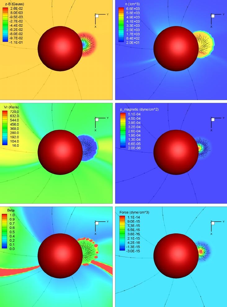 插入内边界 R = 0.1 AU 的日冕物质抛射的磁场线配置，用红色球体显示.jpg