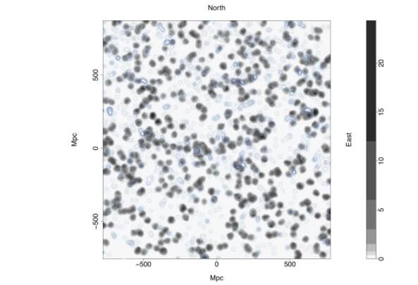 巨弧结构的描绘以灰色显示，邻近类星体叠加，以蓝色显示。在这两个数据集之间可以看到暂时的关联.jpg