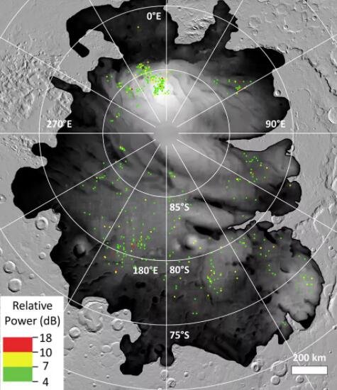 彩色圆点代表欧空局的火星快车轨道飞行器在火星南极帽发现明亮雷达反射的地点.jpg