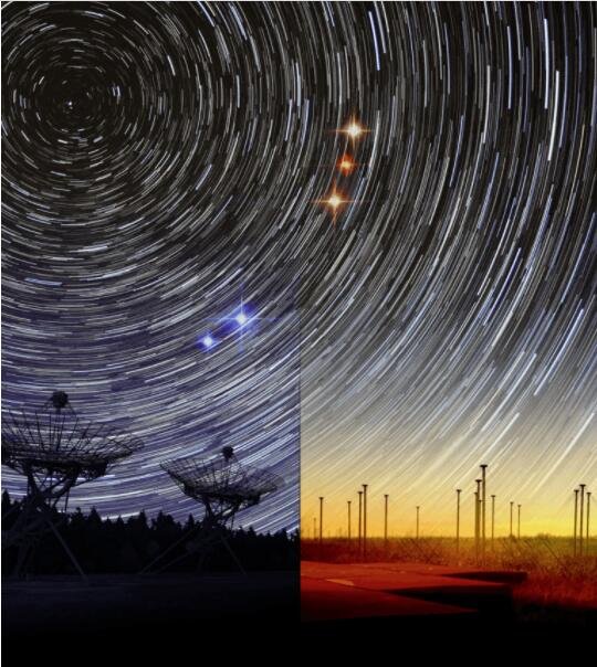 天文学家报告了 Westerbork 射电望远镜（左）如何在蓝色的高频射电天空中探测到周期性的.jpg