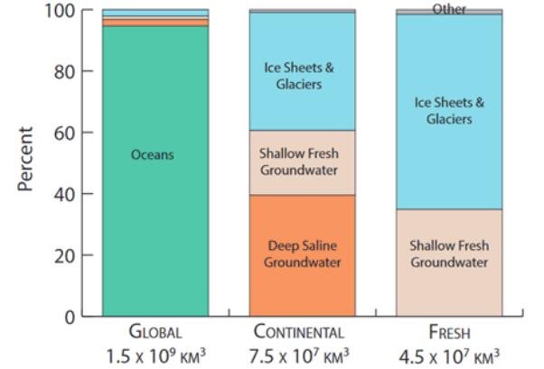 地下水——浅层淡水和更深的咸水——约占陆地水的 60%，而冰盖则接近 40%.jpg