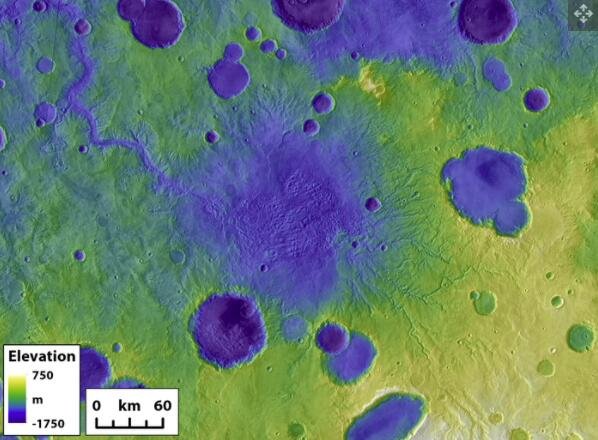 火星上的一个前湖，显示出一个延伸到左上角的爆发峡谷.jpg