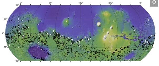 火星的全球地图区分了研究人员认为由白色的火山口湖破裂形成的峡谷和被河流侵蚀的黑色峡谷.jpg