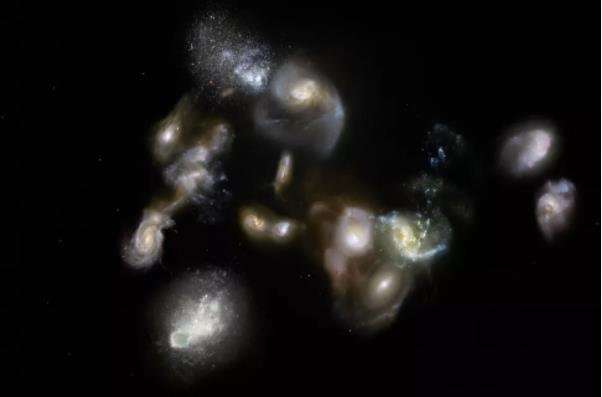 这张插图显示了大爆炸后大约 30 亿年的早期宇宙中的一组星系合并和相互作用.jpg