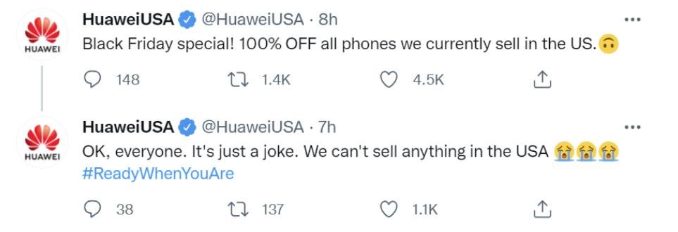 华为在Twitter调侃黑色星期五：所有在美销售的手机均享受100%折扣
