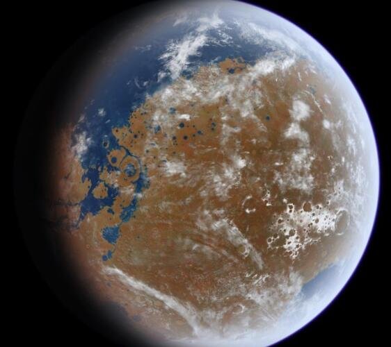 古代火星可能有足够的水来形成覆盖其表面三分之一的海洋。根据地质数据，这位艺术家的印象展示了这些海洋可能的样子.jpg