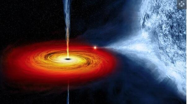 黑洞天鹅座 X-1 正在从一颗巨大的蓝色伴星中提取物质。这些“东西”在黑洞周围形成了一个吸积盘.jpg