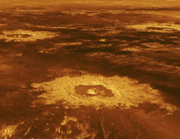 金星表面，由美国宇航局的麦哲伦 (Magalh？es) 航天器观测到，该航天器在 1990 年代初期使用雷达绘制了金星的整个表面。观察到火山活动和撞击坑的证据.jpg