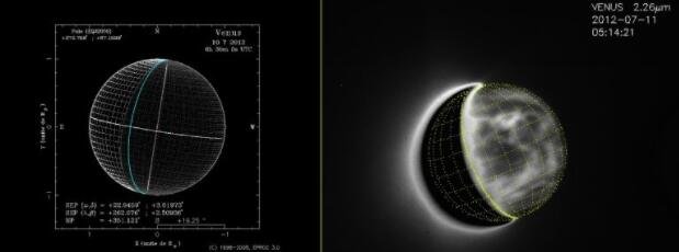 用于从地面观测金星的地理参考系统，与环绕金星运行的太空探测器使用的系统相同。在右侧，该系统用于观察金星的夜晚（左侧的白天被黑色遮盖）。该系统允许为图像的每个像素分配一个高精度的纬度和经度.jpg