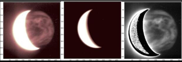 加那利群岛的伽利略望远镜拍摄的金星近红外图像。该序列演示了减去金星白天亮度以分析夜晚细节的过程。第一张和第三张图片右侧的暗区是云，而亮区是不透明度较低的区域，来自行星表面的热辐射（红外线）通过这些区域出现.jpg