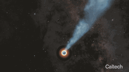 在这位艺术家的动画中，双黑洞相互环绕。较大的黑洞以近光速将物质射流喷射到太空中，使天文学家能够从地球上探测到它.gif