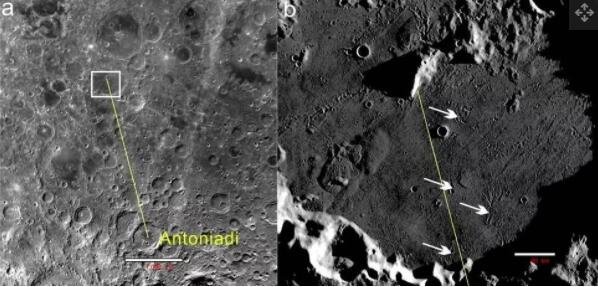 嫦娥四号着陆区冯卡门陨石坑内的次生陨石坑。(a) 将安东尼阿迪陨石坑中心与选定的嫦娥四号着陆点连接起来的大椭圆圈。基础图像来自中国嫦娥二号任务获得的全球马赛克。(b) 嫦娥四号着陆区内由安东尼亚迪陨石坑提供的次生陨石坑。白色箭头标记次级，黄色线是安东尼亚迪形成的撞击发射的喷射物的可能轨迹。该区域的位置表示为（a）中的白框。基本图像来自日本的 Kaguya 月球轨道器.jpg