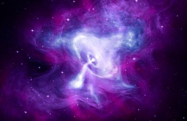 蟹状星云的合成图像，来自 NASA 钱德拉 X 射线天文台的 X 射线（蓝色和白色）、来自 NASA 的哈勃太空望远镜的光学光（紫色）和来自 NASA 的斯皮策太空望远镜的红外光（粉红色）.jpg