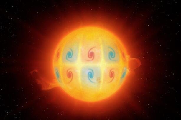 高频逆行 (HFR) 涡旋波的艺术印象。这些波在太阳赤道附近表现为旋转运动。北半球的自转总是反对称于南半球的自转。这些神秘的波浪向与太阳自转相反的方向移动，即向右，比流体动力学单独允许的速度快三倍.jpg
