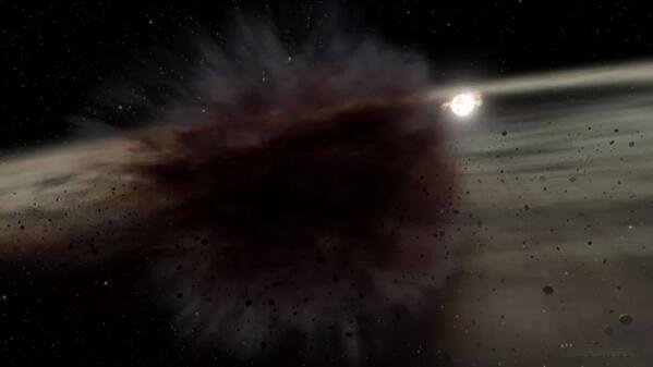 艺术家的插图显示了两个大的小行星大小的天体之间的碰撞。这一过程可能在恒星HD 166191处产生了碎片云，由美国宇航局的斯皮策太空望远镜发现.jpg