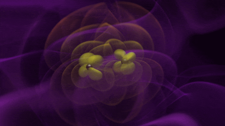 这个可视化显示了两个质量几乎相等的黑洞在彼此环绕时发出的引力波。橙色波纹代表由快速轨道质量引起的时空扭曲。这些扭曲扩散并减弱，最终变成引力波（紫色）。该模拟是在美国宇航局艾姆斯研究中心的 Pleiades 超级计算机上进行的.gif